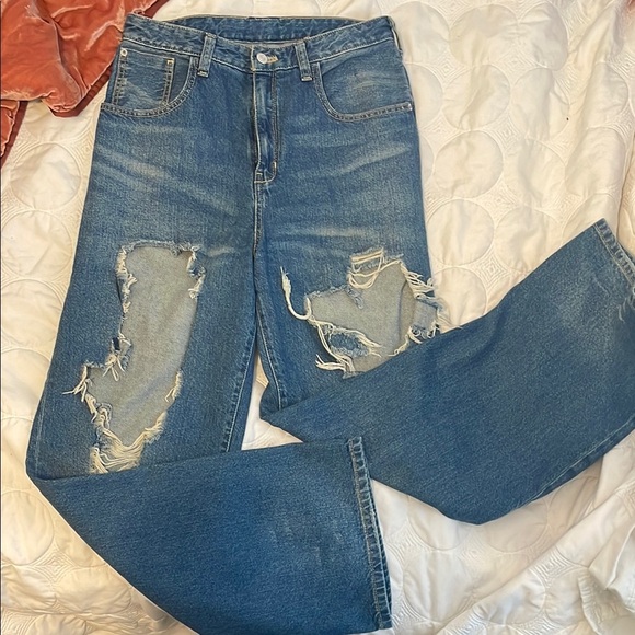 High Waist Wide Leg Distressed Blue Jeans from Anthropologie - Picture 1 of 9